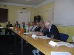 Magnus Linklater, right, and Bernard Margueritte, second from right, address round-table discussion on 'The media and public confidence' in the Royal Scots Club, Edinburgh. 